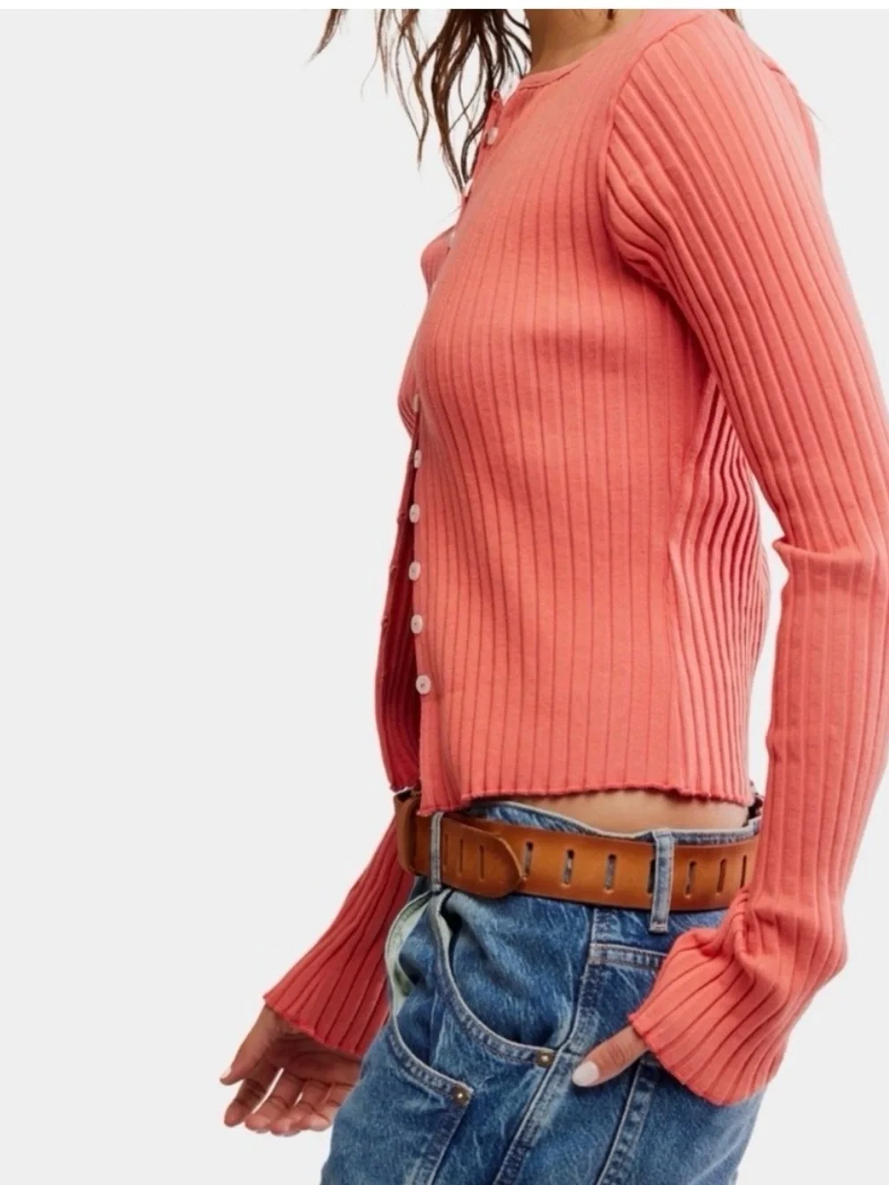 Free People Tilly Ribbed Button-Front Women's Sweater, coral, sz S, nwt🧡